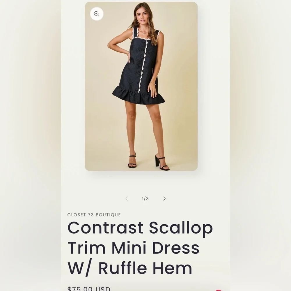 Black Mini Dress with Cream Scalloped Trim - Picture 5 of 10